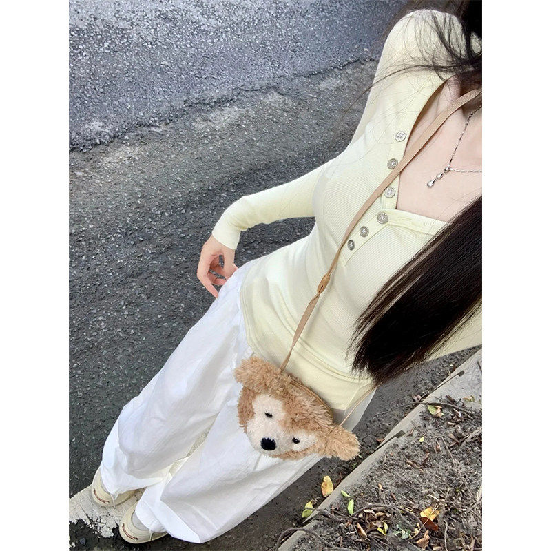 美式甜辣V领设计感小众长袖T恤女秋季新款小个子正肩修身显瘦上衣