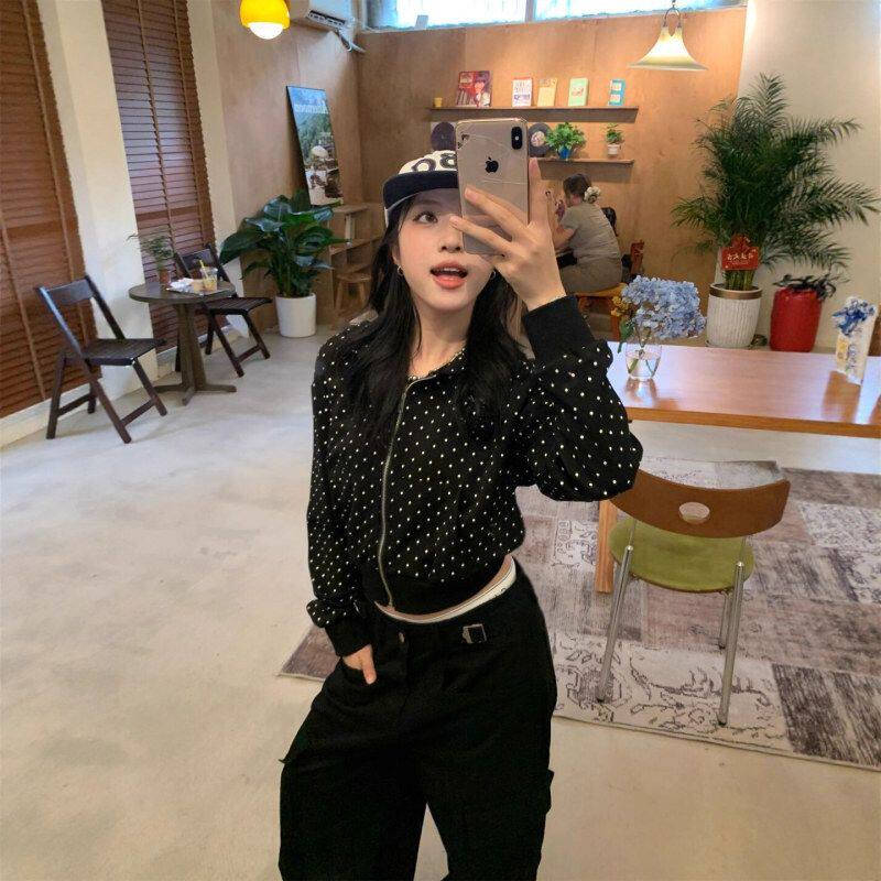 黑色辣妹波点满印连帽短款卫衣女秋季小众设计宽松美式长袖外套