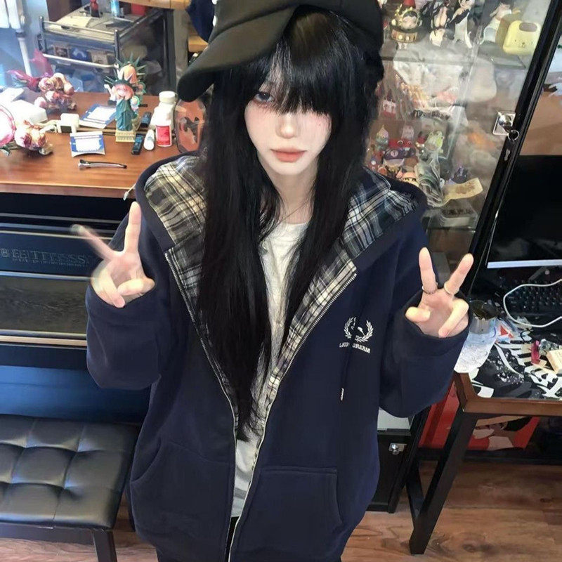 美式复古格子拼接连帽卫衣女学院风刺绣拉链外套