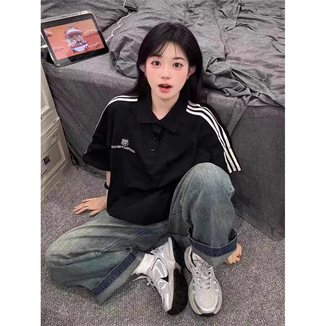 美式复古刺绣polo衫短袖t恤女夏季宽松学院风设计感情侣黑色上衣