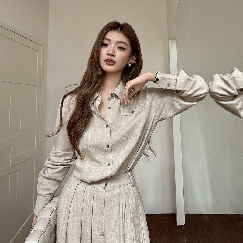 春秋新款仿亚麻衬衫长袖时尚上衣女休闲阔腿裤气质老钱风套装潮