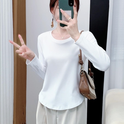 加厚德绒弧形下摆长袖t恤女正肩