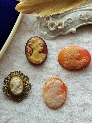 vintage西洋古董卡梅奥人像贝雕cameo胸针丝巾扣意大利粉雕3.24