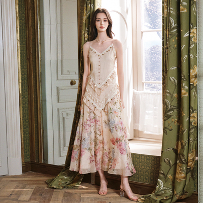 FLONAKED设计师植庭印花贝壳织带天丝麻吊带连衣裙小众设计