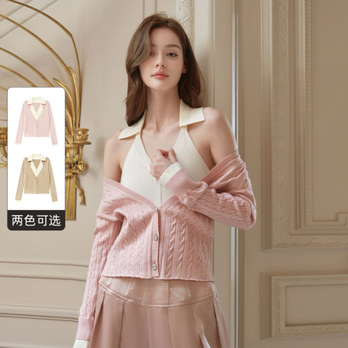 FLONAKED设计师粉白假两件锁骨领针织毛衣小众设计