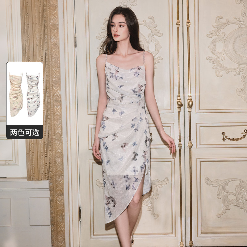 FLONAKED设计师白色蝴蝶印花珠片绣弹力收腰修身打褶吊带裙小众