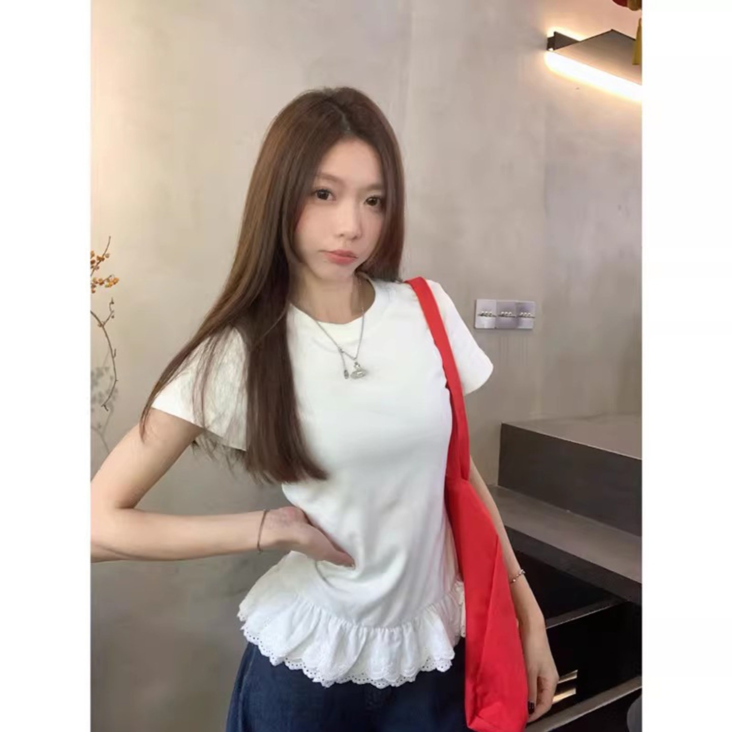 春夏韩版甜美减龄圆领荷叶边拼接裙摆修身短袖T恤2026新款上衣女