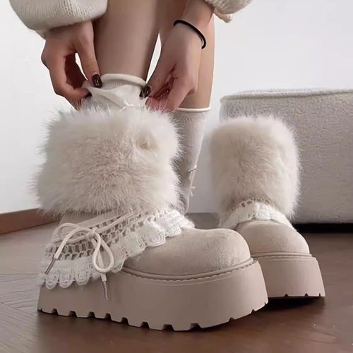 原创复古厚底法式可爱雪地靴女ins小众防滑毛毛鞋保暖加厚休闲鞋