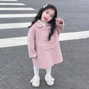 小奶油 韩国女童装粉色仿羊绒呢子大衣小女孩气质风衣冬装呢外套