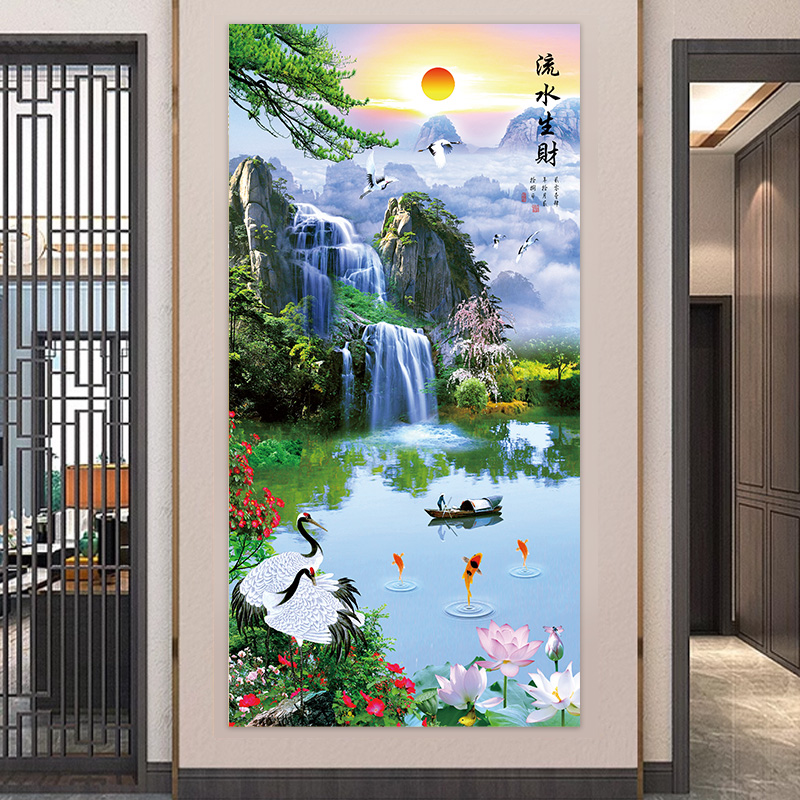 新中式入户玄关装饰画自粘贴画过道走廊3d立体墙贴壁画风景山水画图片