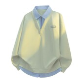 领 港风青少年高级感潮流宽松体恤衬衫 假两件翻领卫衣男士 t恤长袖