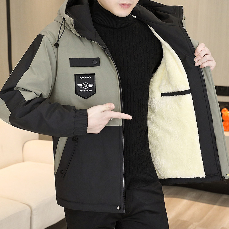 秋冬季加绒加厚棉衣男士潮流休闲连帽保暖抗寒棉服冬装棉袄子外套