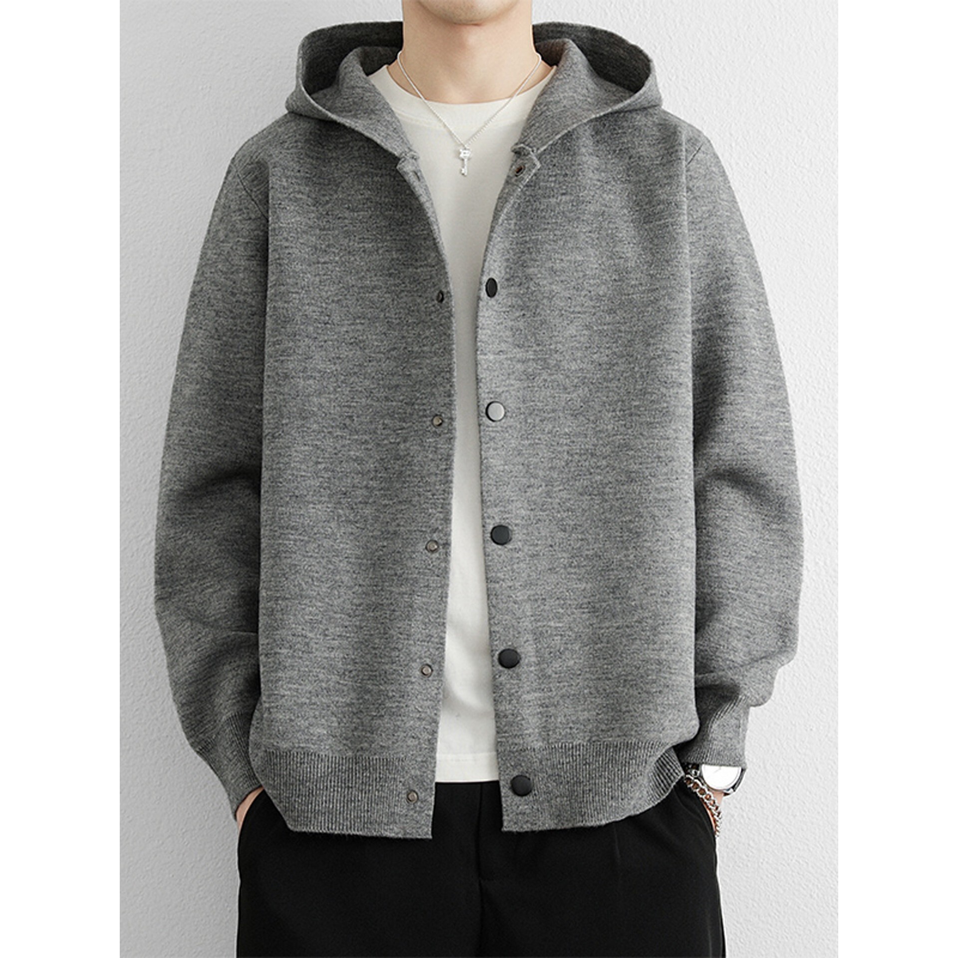 针织开衫外套男士春秋季高级感潮牌纯色简约宽松休闲连帽毛衣夹克