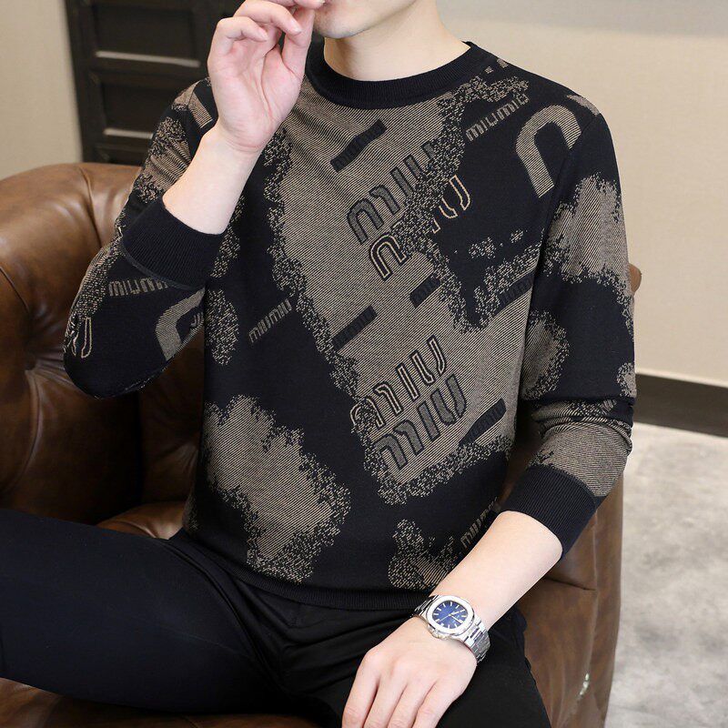 轻奢时尚针织衫男秋冬季内搭复古圆领长袖t恤高级感毛衣薄款打底