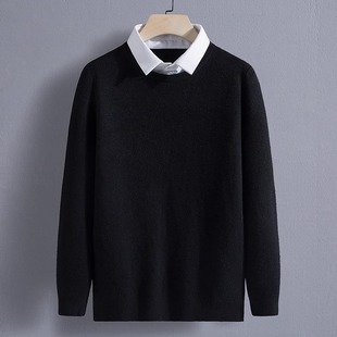 2025新款毛衣男潮流修身加绒加厚保暖打底衫上衣春季假两件针织衫