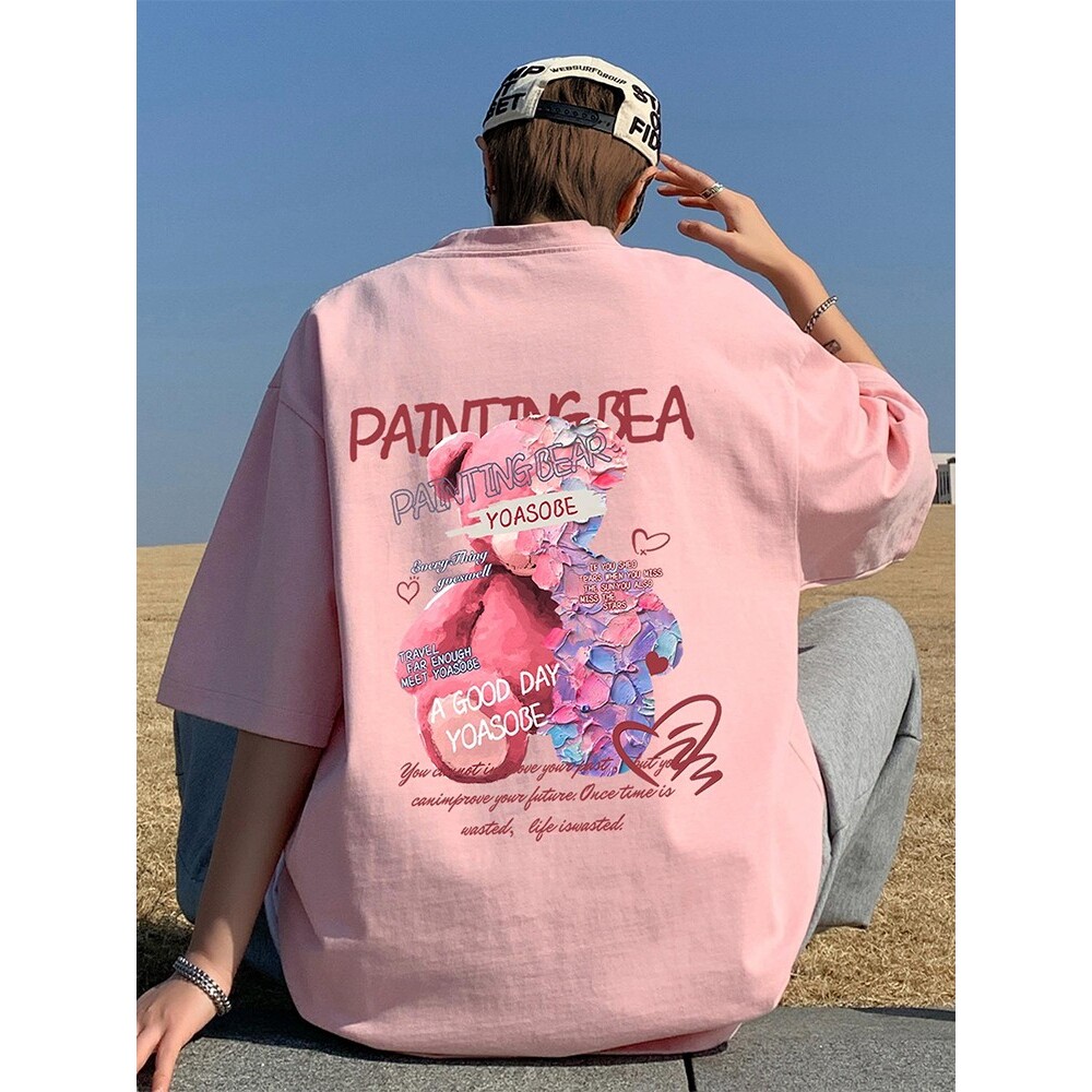 无性别短袖t恤男夏季纯棉五分半袖男宽松上衣服青少年甜粉色体恤T