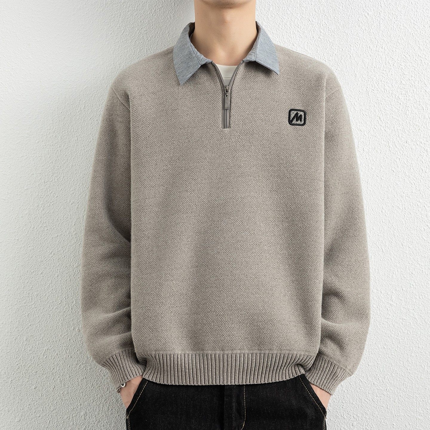 加绒加厚毛衣男士秋冬季半拉链polo领针织衫男装衬衫领保暖线衣服