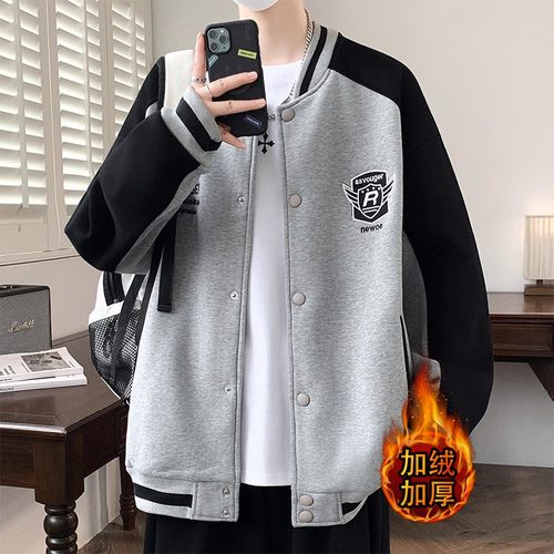 徽章刺绣棒球服男春秋冬季学院风加绒加厚夹克青少年宽松休闲外套