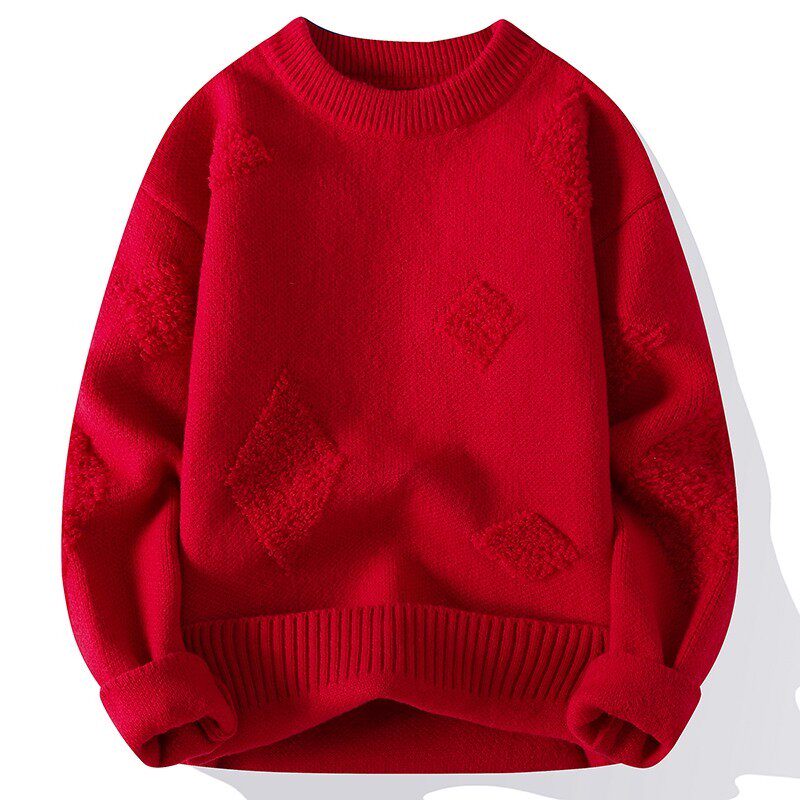 圆领毛衣男款秋冬季红色宽松打底衫休闲潮流本命年长袖男生上衣服
