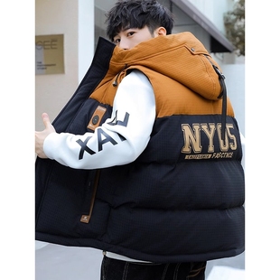 棉马甲男冬季潮牌休闲坎肩外套宽松连帽秋冬款加厚保暖羽绒棉马夹