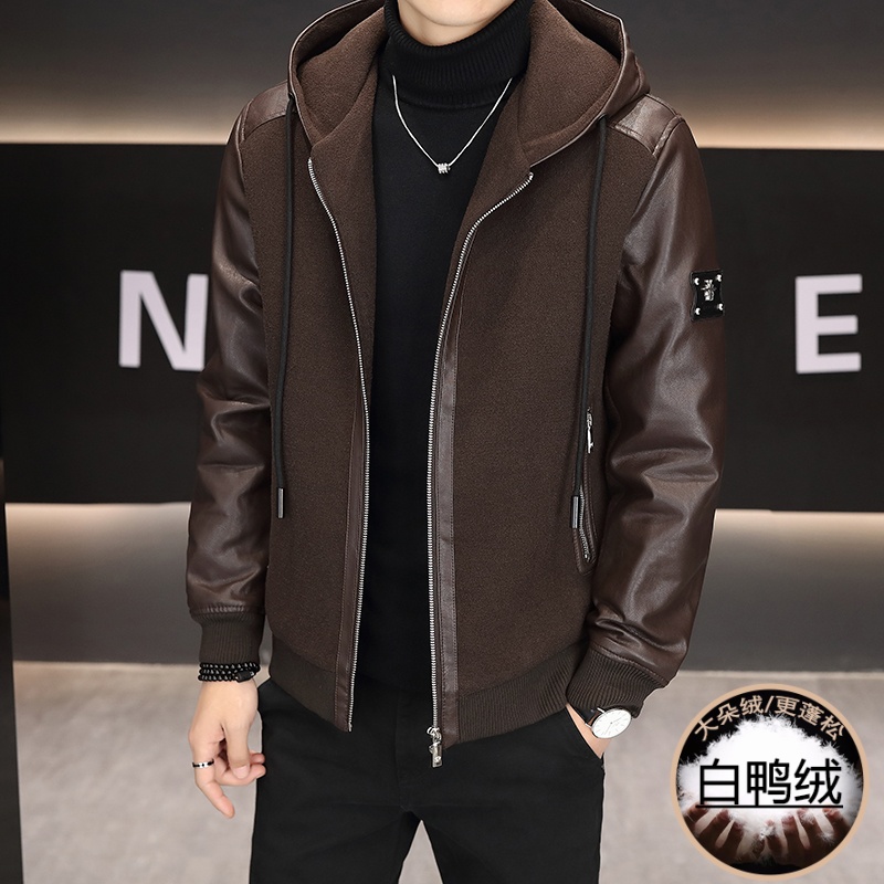高级感拼皮羽绒服男款冬季2025新款潮牌青年休闲加厚保暖连帽外套