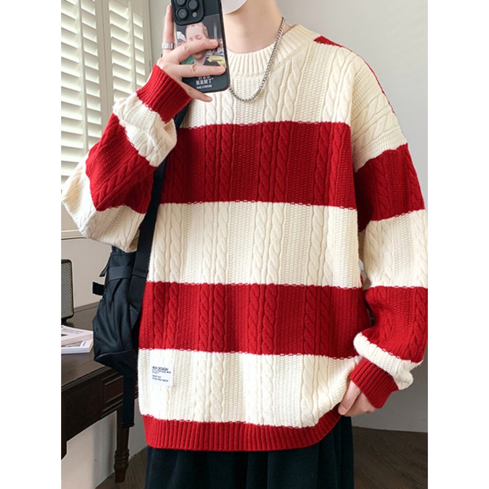 红色毛衣男士马年秋冬季2025新款加绒厚青少年针织打底衫撞色线衣