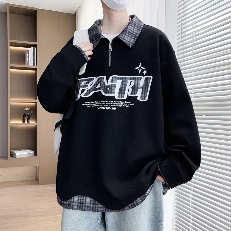 半开襟撞色卫衣男春秋季美式结构分割宽松上衣帅气休闲假两件外套