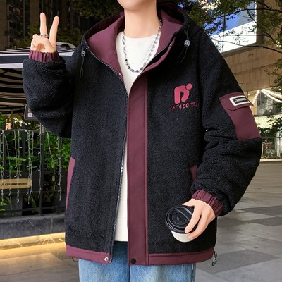羊羔绒外套男款加厚2025新款摇粒绒夹棉夹克男连帽保暖青少年棉服