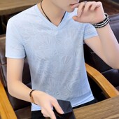 V领滑料衣服青年装 夏季 潮流镂空印花速干薄体恤 短袖 冰丝t恤男士
