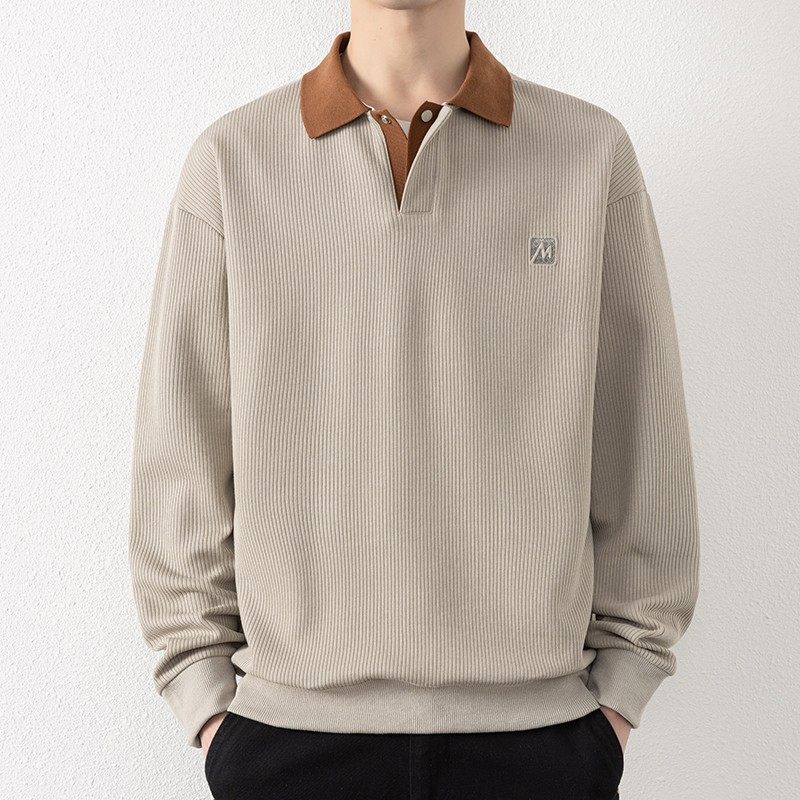 高级感翻领卫衣男士春秋季加绒宽松Polo衫长袖t恤内搭有领打底衫