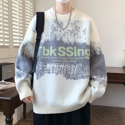 圆领毛衣男款秋冬季2025新款字母提花针织衫男青少年慵懒风毛线衣