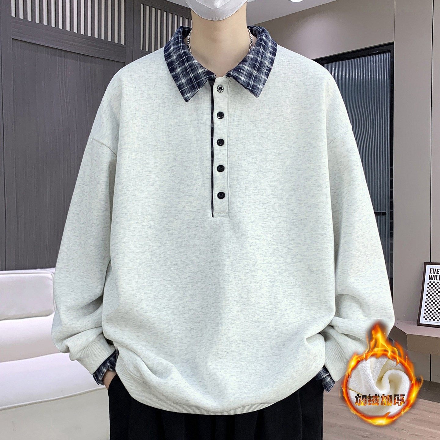 假两件衬衫领男士加绒加厚拼接卫衣秋冬季休闲POLO衫设计感上衣服,运动服/休闲服装,跑步套装,淘宝优惠券,粉丝福利购,淘宝优惠卷