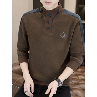 立领卫衣男秋冬季加厚保暖冬装上衣服宽松奥粒绒半高领加绒打底衫