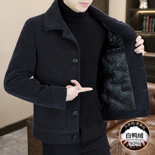 冬季毛呢夹克男高档帅气加厚格子白鸭绒外套短款保暖高级感羽绒服