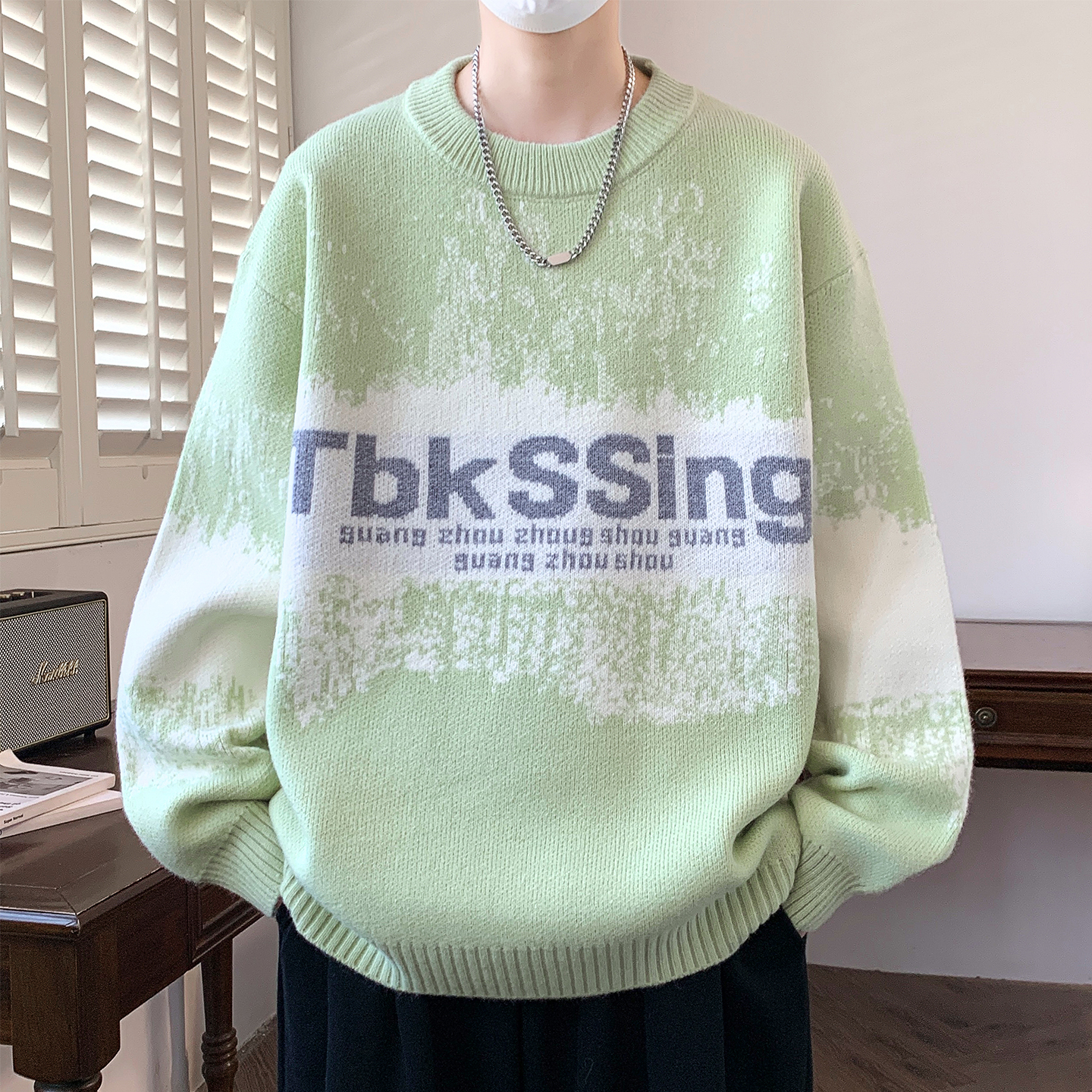 渐变色圆领毛衣男生秋冬季2025新款青少年提花加厚保暖针织打底衫