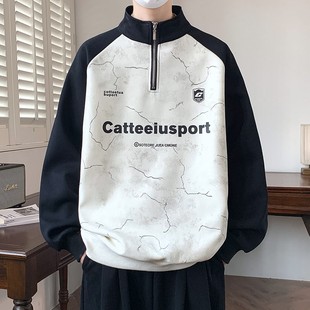 半拉链卫衣男2025新款春秋美式拼色立领上衣青少年男生宽松外套潮