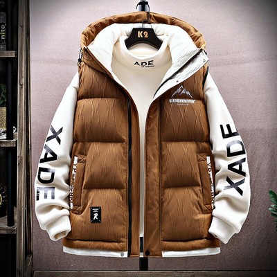 冬季羽绒马甲男款2025新款潮流宽松加厚无袖男士冬装连帽印花外套