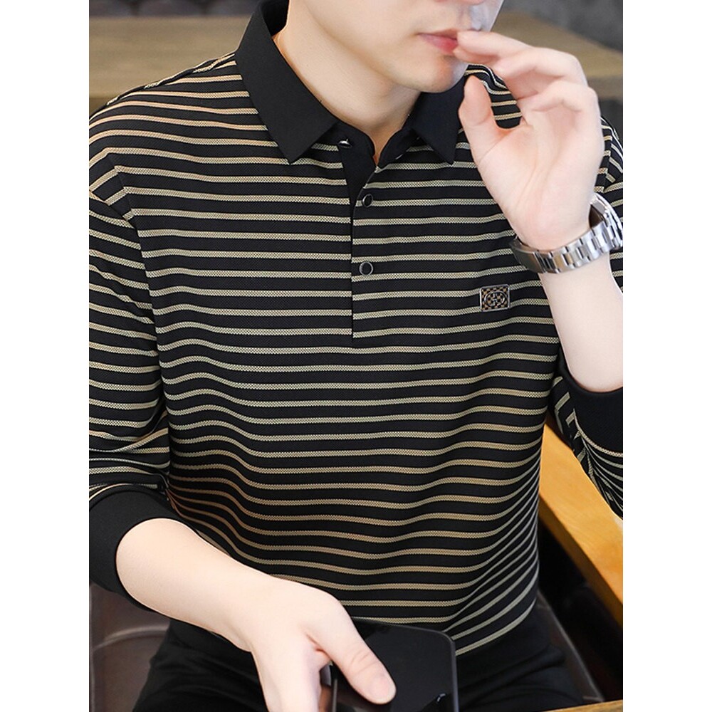 男士卫衣春秋季2026新款polo衫衬衫领潮流上衣中青年条纹长袖t恤