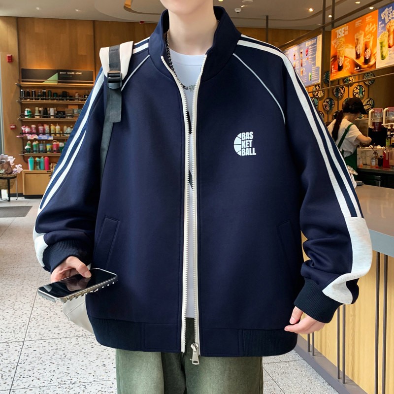 立领开衫卫衣外套男春秋季青少年运动风休闲夹克男撞色条纹上衣服