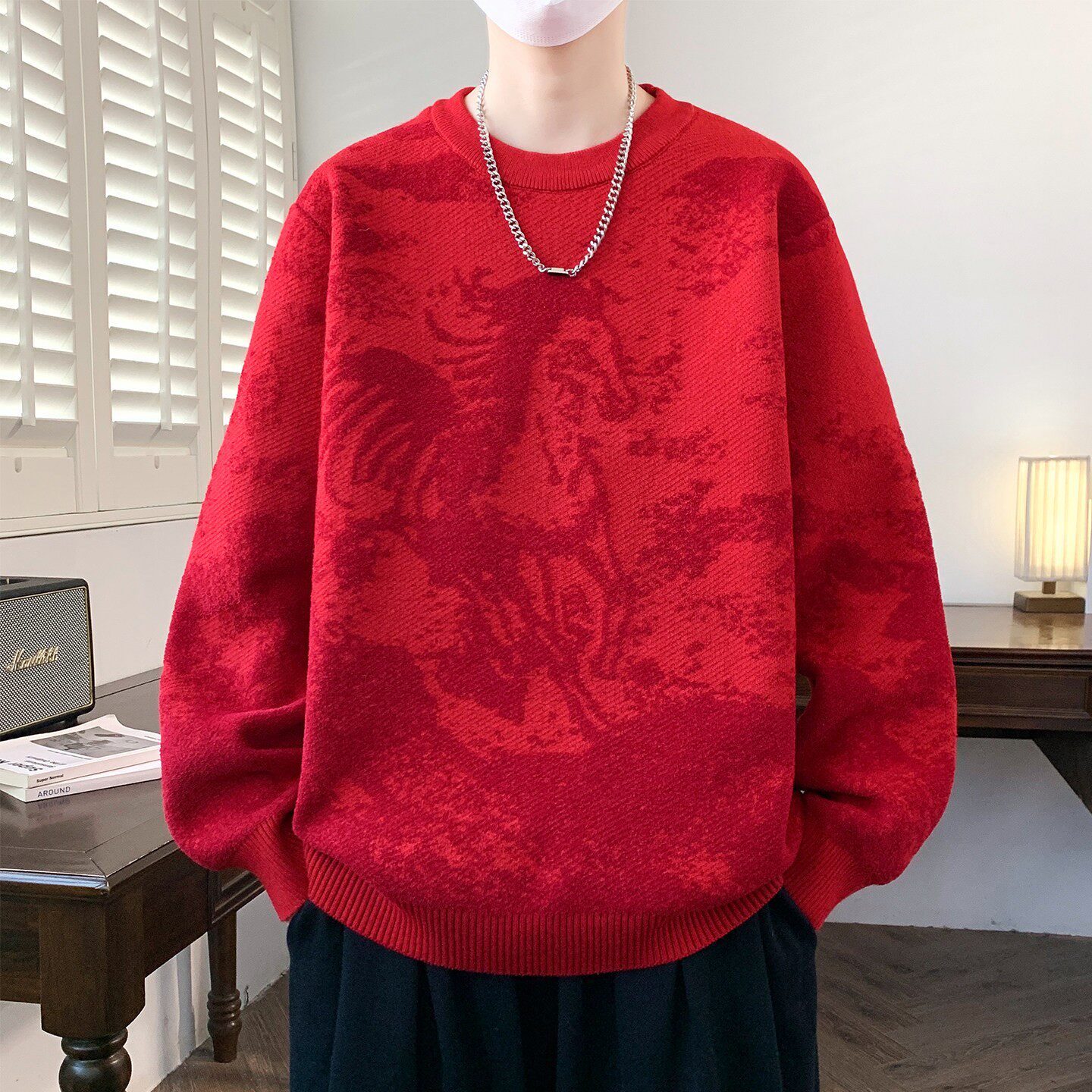 慵懒风红色毛衣男款冬季本命年大童针织衫男高中学生加厚保暖衣服