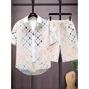 夏季 潮牌薄款 破洞半袖 痞帅衬衫 夏天沙滩套装 短袖 花衬衣男式 男 男士
