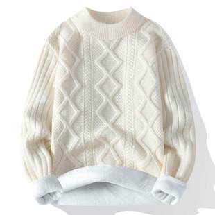 加绒保暖纯色毛衣男秋冬季扭麻花青少年大童打底衫韩版休闲针织衫