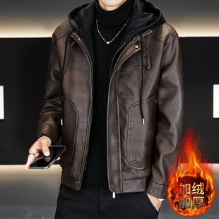 海宁加绒皮衣男秋冬季青年休闲潮流机车连帽外套时尚假两件皮夹克