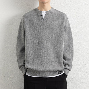 男款 设计感V领针织打底衫 上衣T 男秋季 撞色拼接假两件卫衣2026新款