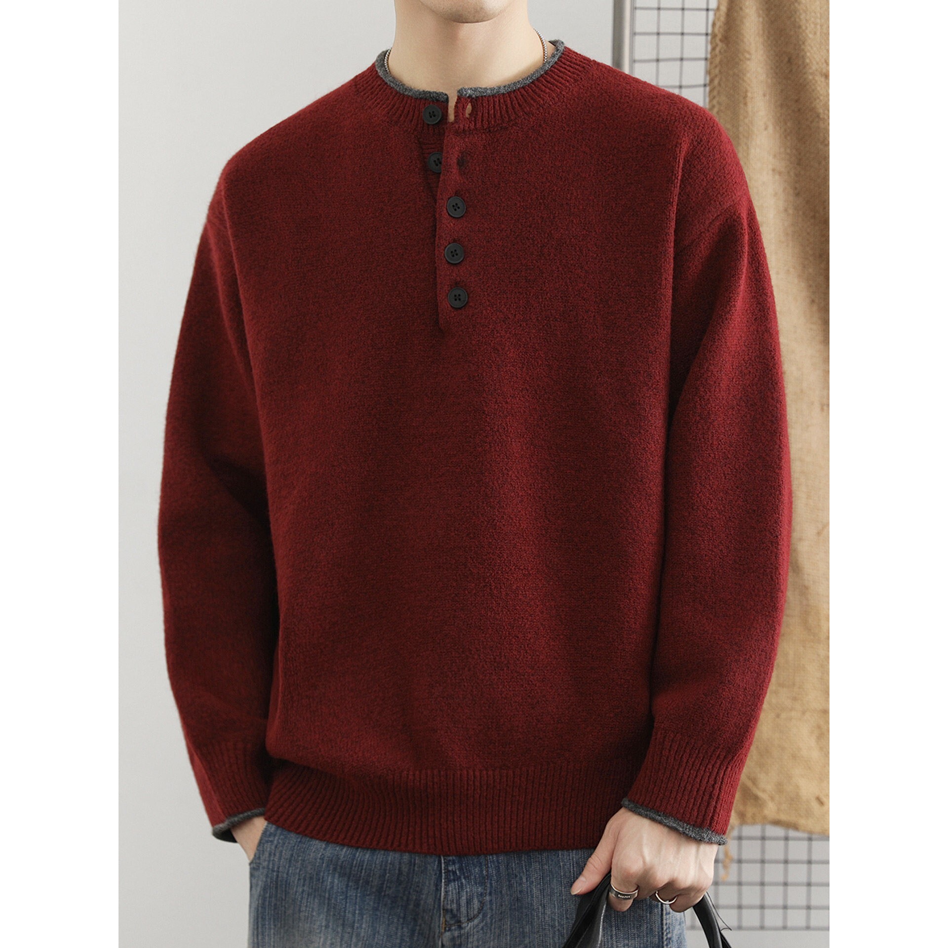 红色毛衣男款秋冬季复古撞色亨利领羊毛针织打底衫男生慵懒风线衣