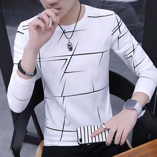 纯棉长袖 潮流休闲白色卫衣男款 t恤春秋季 打底衫 内搭上衣 新款 男士