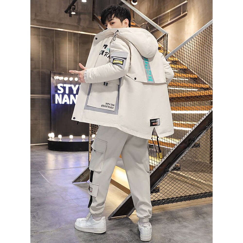 工装夹克男士春秋季潮牌外套秋冬加绒套装青少年男装帅气搭配一套