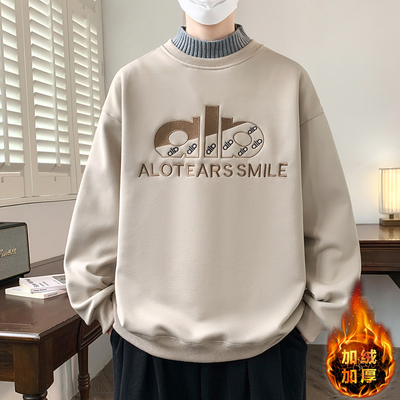 半高领加绒加厚卫衣男秋冬季青少年保暖打底衫男款潮牌针织领上衣