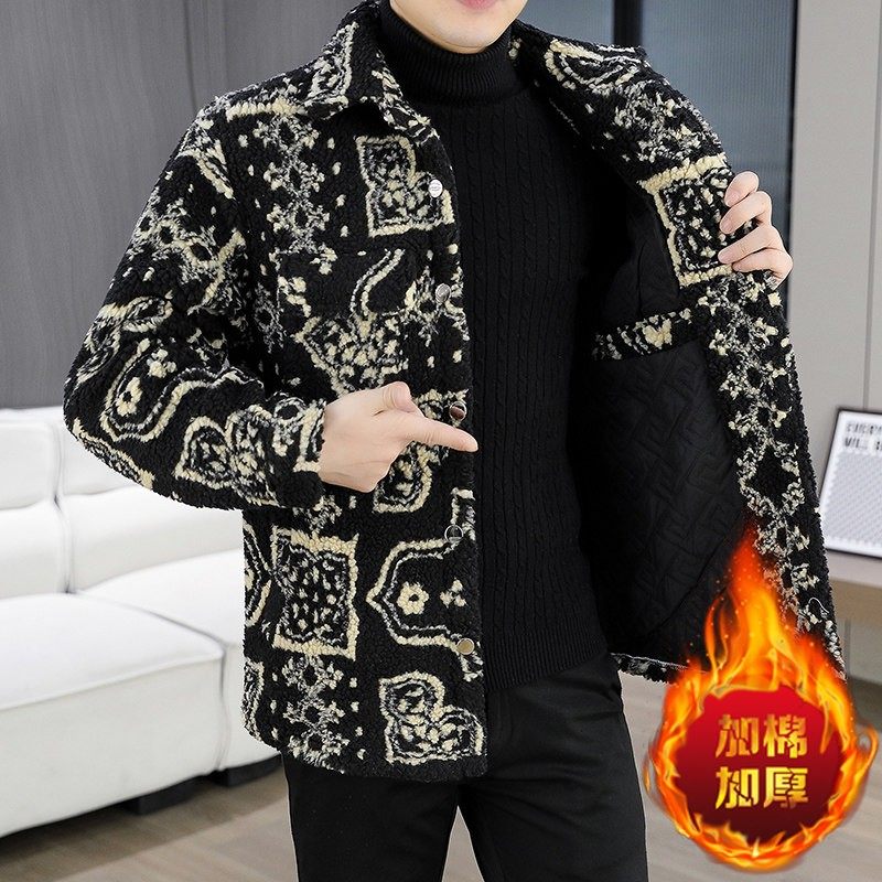 冬季复古棉袄夹克青花瓷花色男冬装加厚仿羊羔绒休闲男士保暖外套