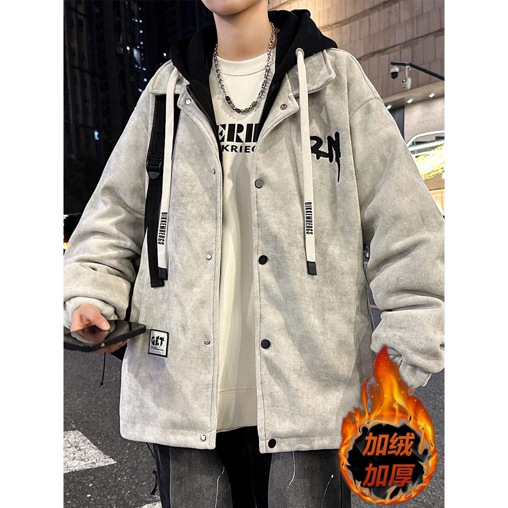 灯芯绒外套男士秋冬季假两件连帽夹克男款学生加绒加厚派克棉衣服,运动服/休闲服装,跑步套装,淘宝优惠券,粉丝福利购,淘宝优惠卷
